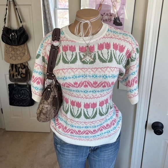 Tops - Y2K 2000s floral Tulip Fair Isle Knit Sweater